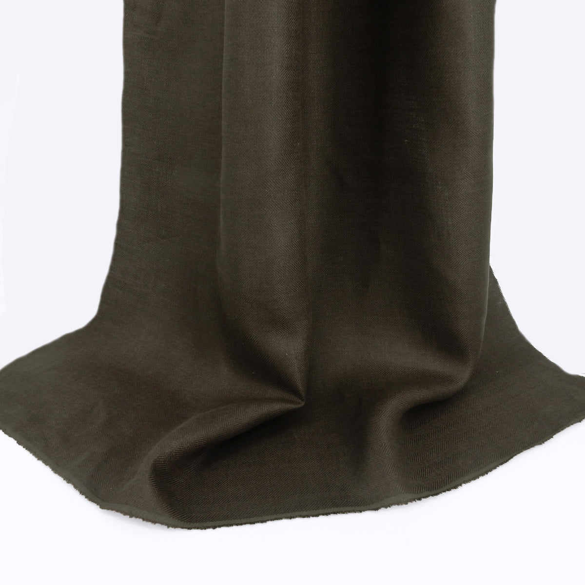 Premium 100% European Linen Yarn Dyed Herringbone Fabric. Tinted Olive Brown Solid. for apparel, upholstery & high end home decor. shown draped