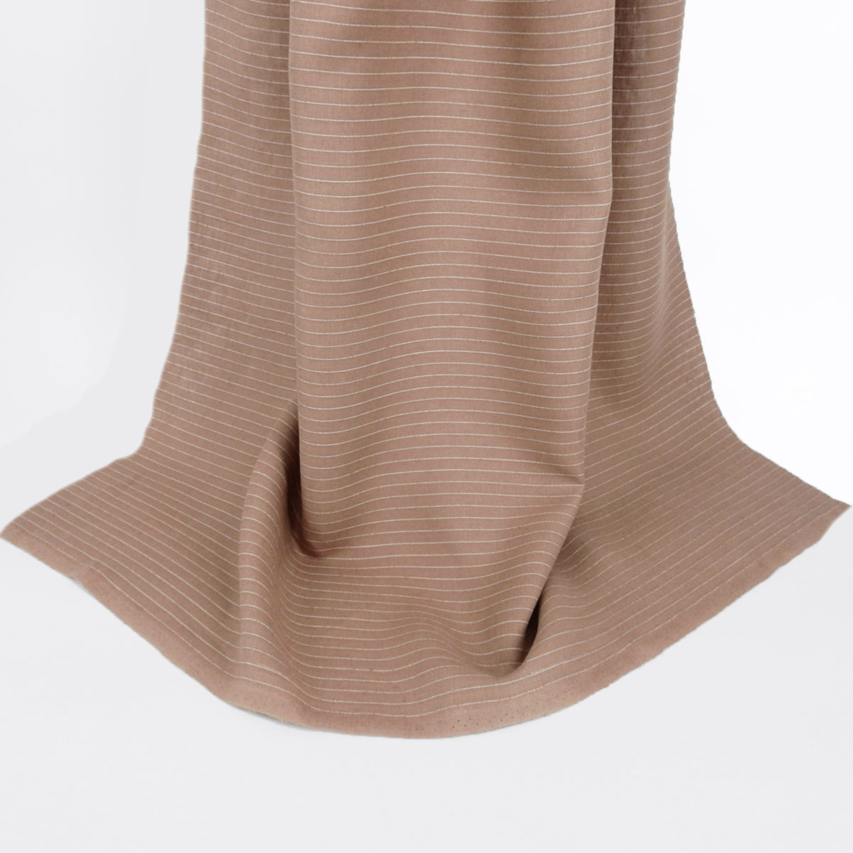 Premium 100% European Linen Yarn Dyed Pinstripe Fabric. Warm Taupe & White. Midweight for apparel & home decor. shown draped.