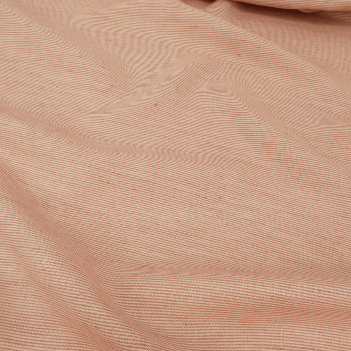 Premium 100% European Linen Yarn Dyed Pinstripe Fabric. Warm Taupe & White. Midweight for apparel & home decor. shown lightly gathered