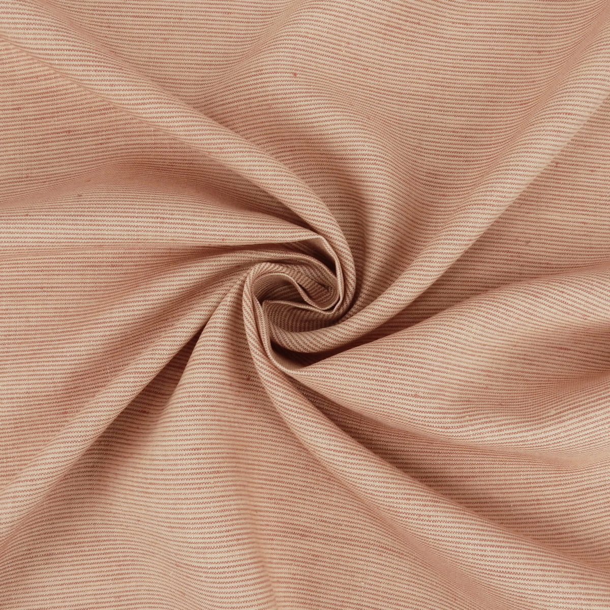 Premium 100% European Linen Yarn Dyed Pinstripe Fabric. Warm Taupe & White. Midweight for apparel & home decor. shown swirled