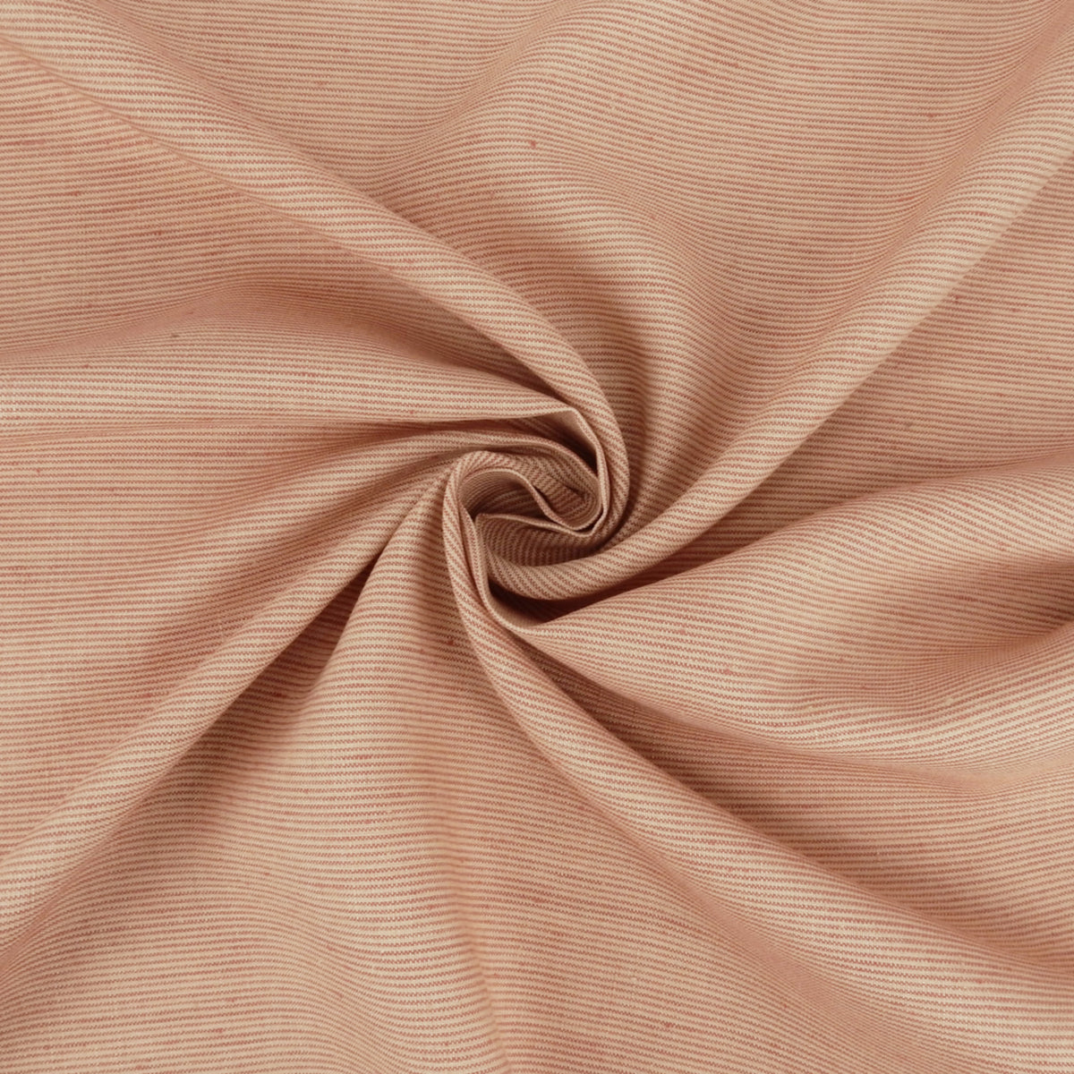 Premium 100% European Linen Yarn Dyed Pinstripe Fabric. Warm Taupe & White. Midweight for apparel & home decor. shown swirled