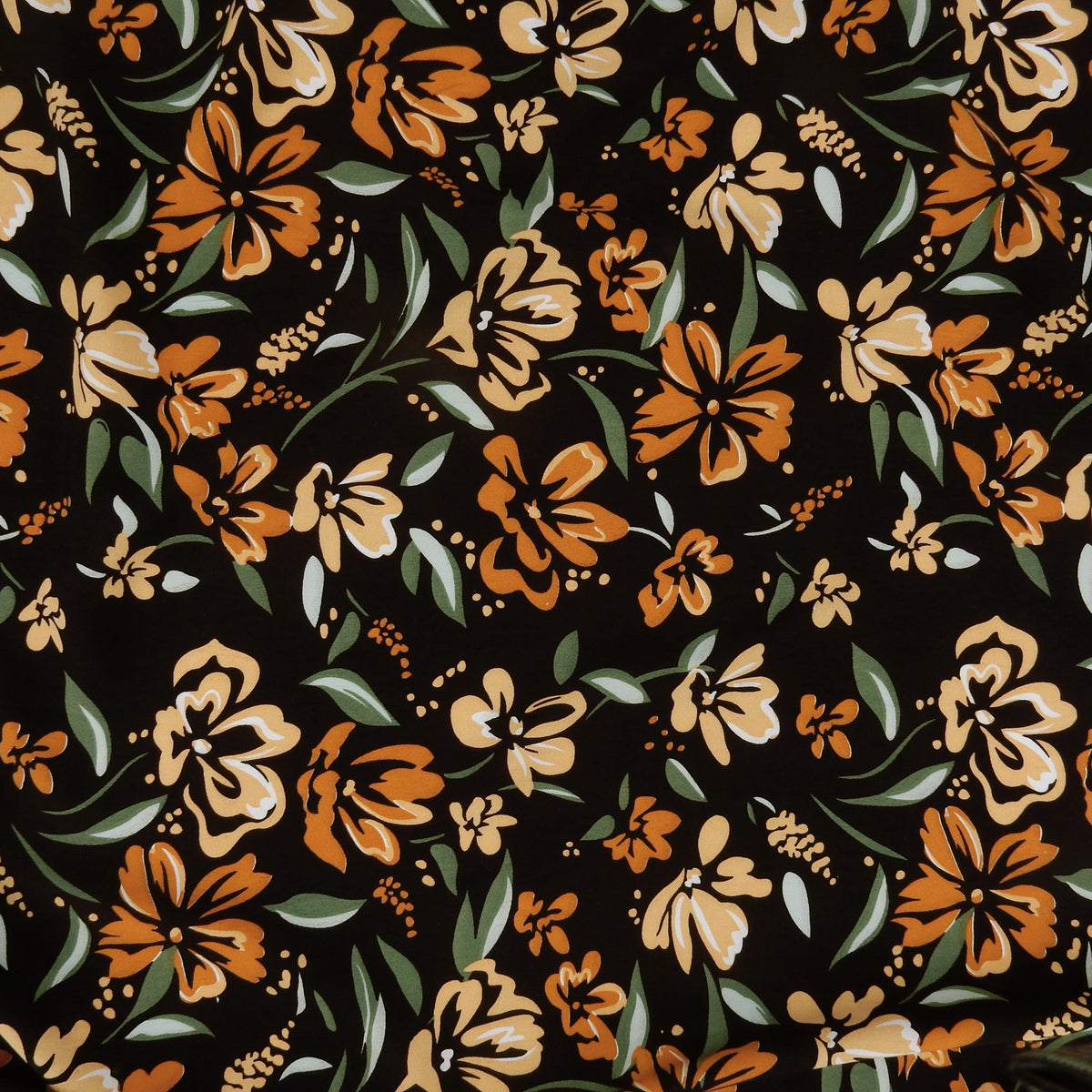 Premium 100% Rayon Challis Fabric. Midnight Botanical Floral in Spice, Peachy Beige & Sage. lightweight & ultra soft. shown flat