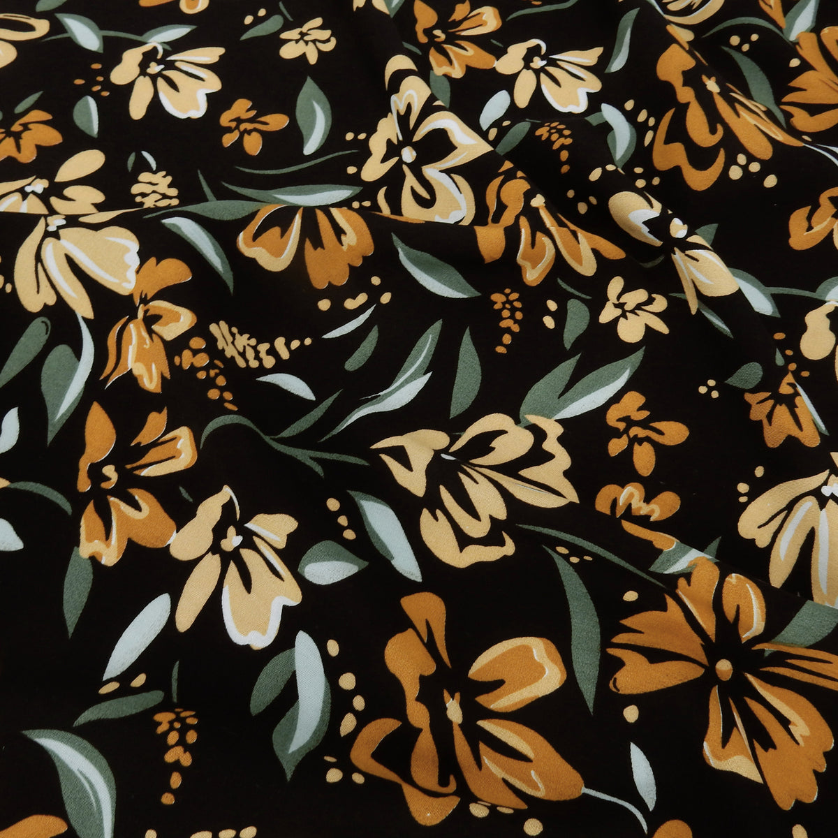 Premium 100% Rayon Challis Fabric. Midnight Botanical Floral in Spice, Peachy Beige & Sage. lightweight & ultra soft. shown flat