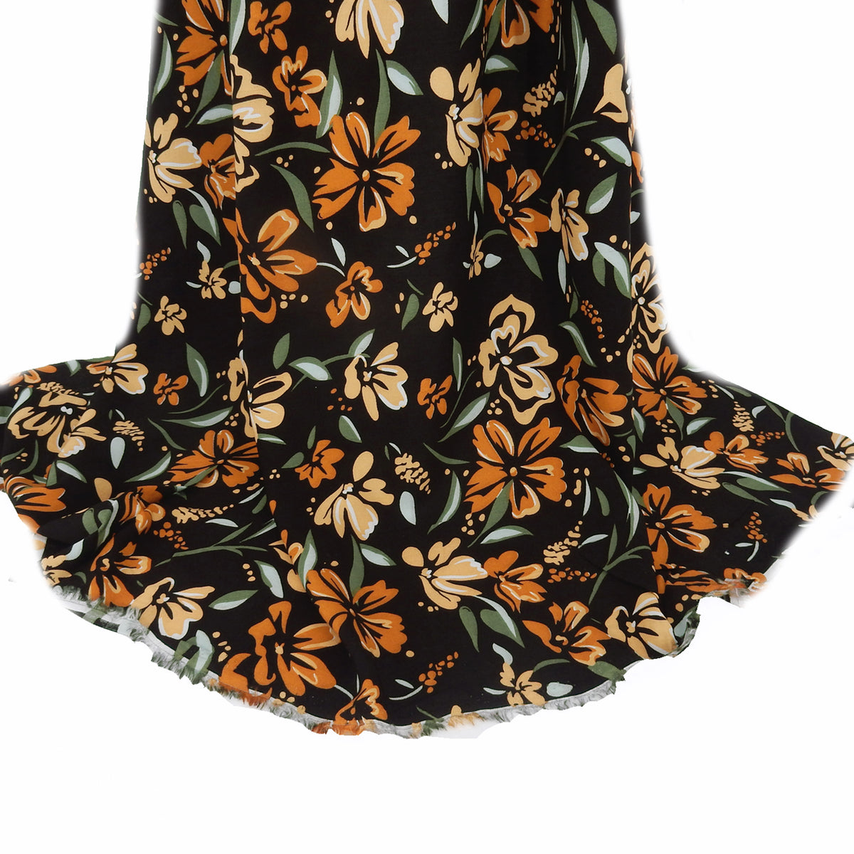 Premium 100% Rayon Challis Fabric. Midnight Botanical Floral in Spice, Peachy Beige & Sage. lightweight & ultra soft. shown draped