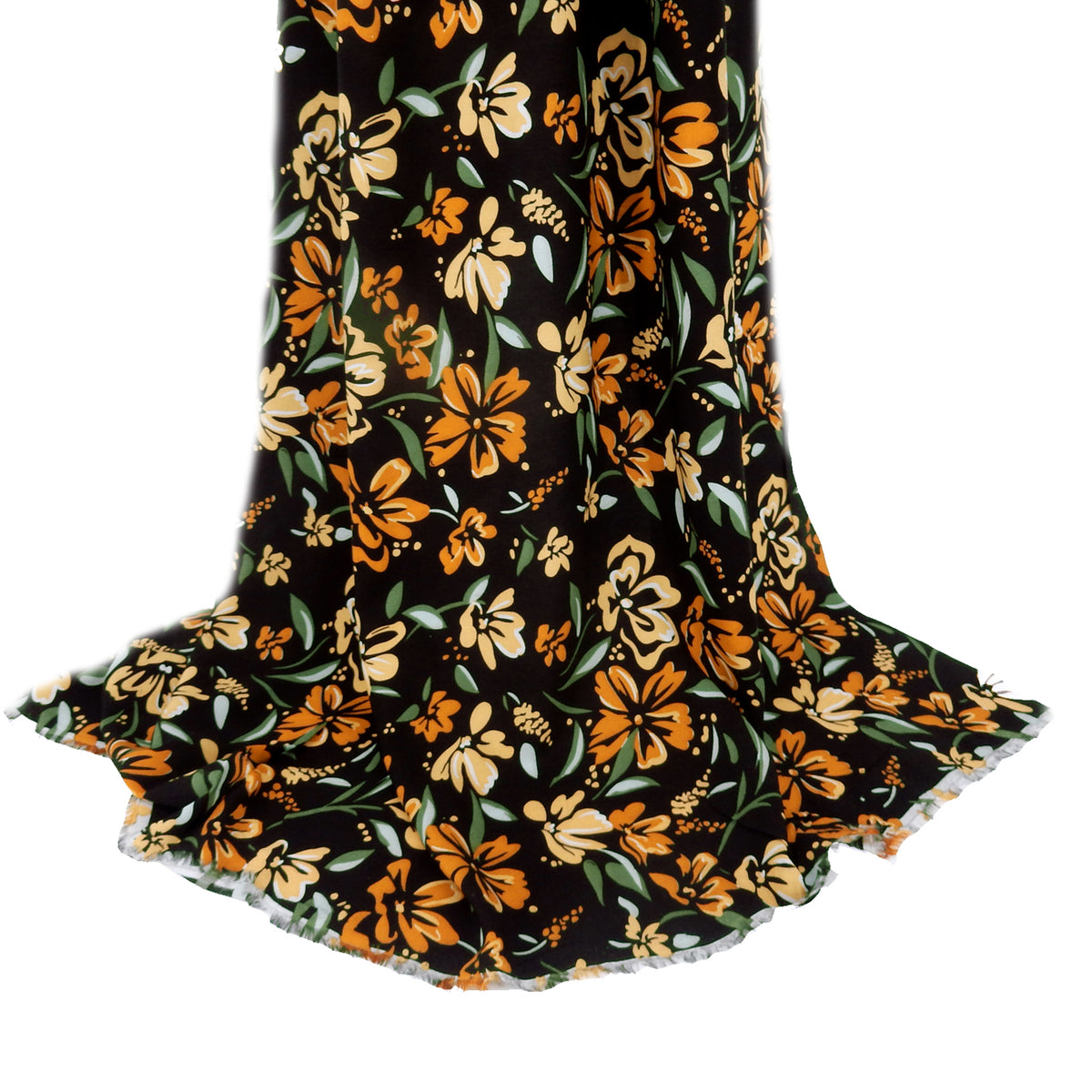 Premium 100% Rayon Challis Fabric. Midnight Botanical Floral in Spice, Peachy Beige & Sage. lightweight & ultra soft. shown draped