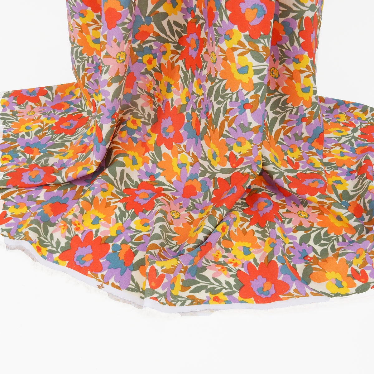 Premium 100% Rayon Challis Fabric. High-Contrast Soft Muted Floral on Creamy White. lightweight & ultra soft. shown draped