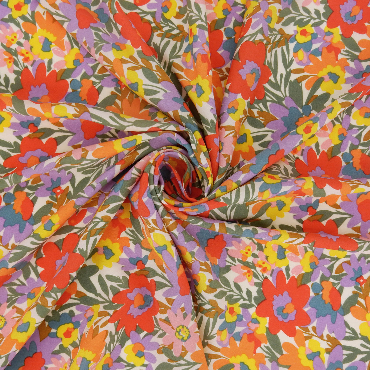 Premium 100% Rayon Challis Fabric. High-Contrast Soft Muted Floral on Creamy White. lightweight & ultra soft. shown swirled