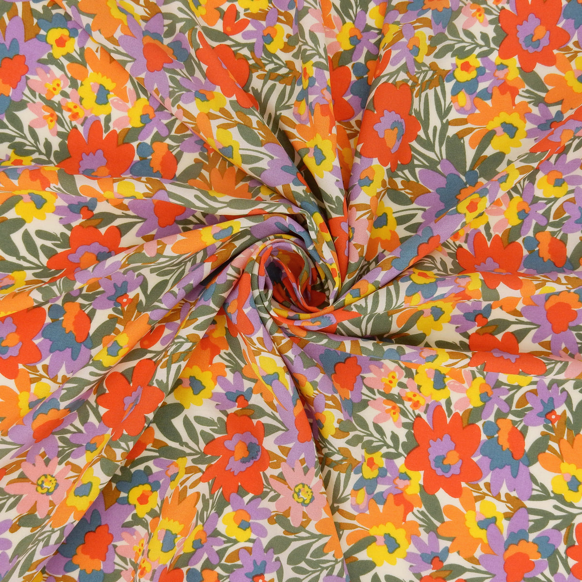 Premium 100% Rayon Challis Fabric. High-Contrast Soft Muted Floral on Creamy White. lightweight & ultra soft. shown swirled