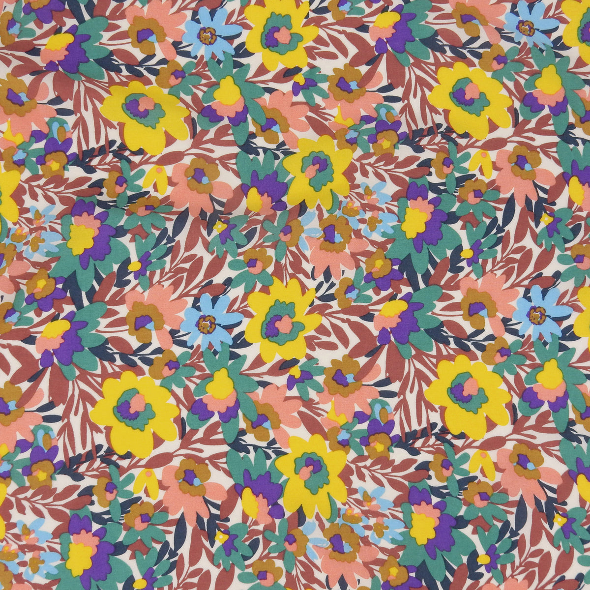 Premium 100% Rayon Challis Fabric. Vibrant Botanical on Creamy White. lightweight & ultra soft. shown flat