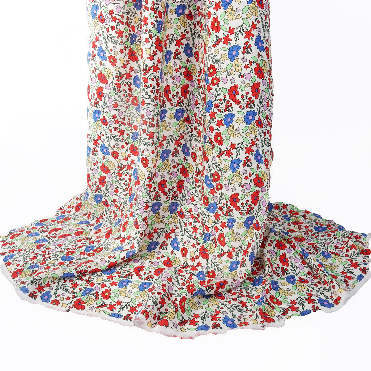 Premium 100% Rayon Challis Fabric. Playful Millefleurs Floral in Red, Periwinkle, Soft Yellow, Lilac & Mint. lightweight & ultra soft. shown draped