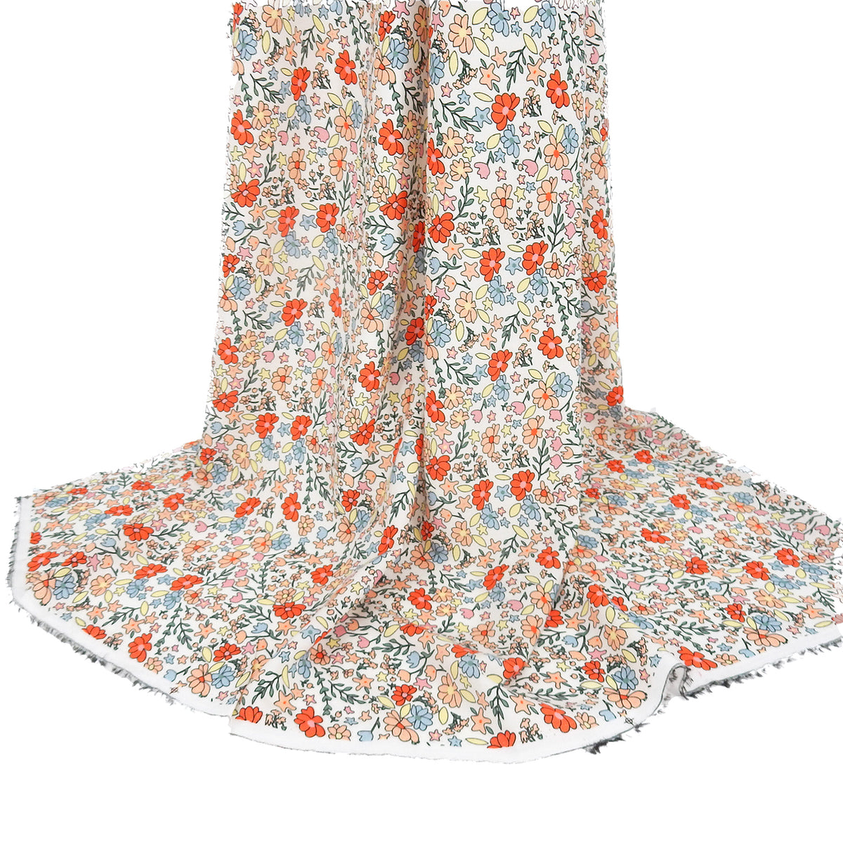 Premium 100% Rayon Challis Fabric. Playful Millefleurs Floral in Burnt Orange, Peach, Dusty Blue, Soft Yellow & Pink. lightweight & ultra soft. shown draped