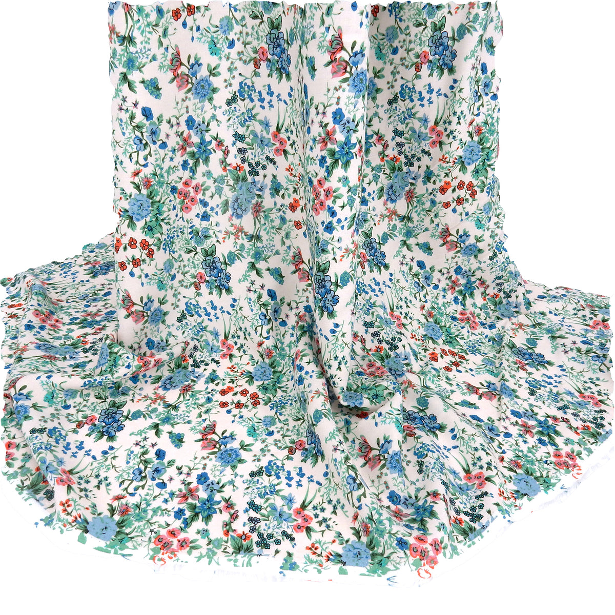 Premium 100% Rayon Challis Fabric. Playful Millefleurs Floral in Sky Blue, Terracotta, Royal Blue on Cream lightweight & ultra soft. shown draped