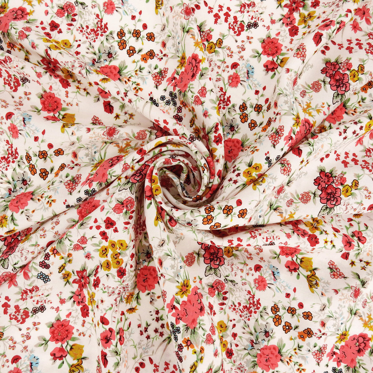 Premium 100% Rayon Challis Fabric. Playful Millefleurs Floral in Red Rose, Gold & Sky Blue on Pale Pink background. lightweight & ultra soft. shown swirled
