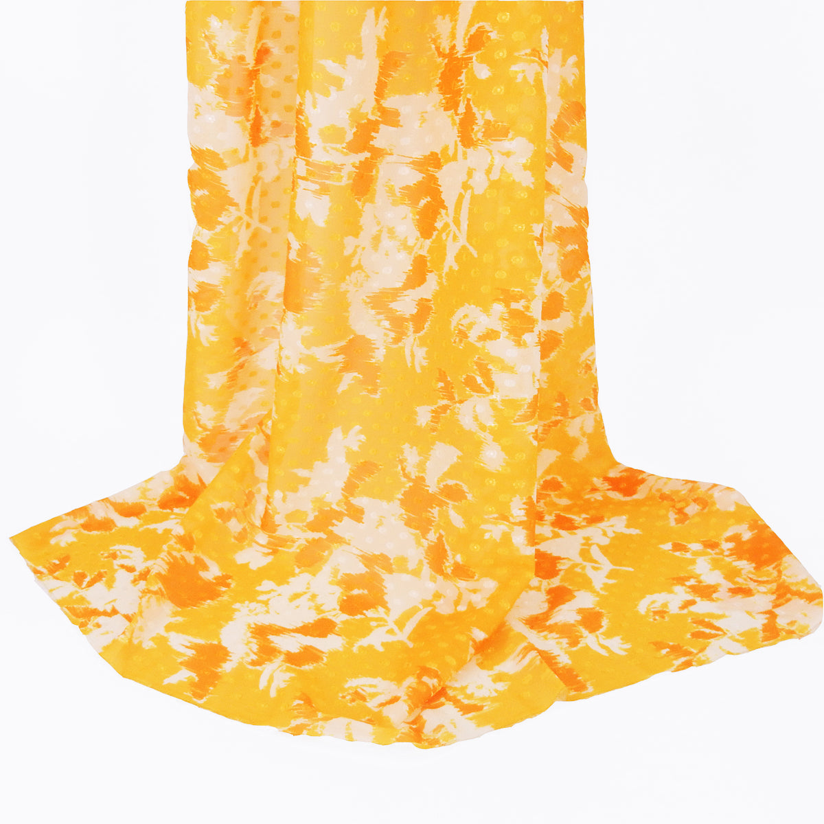 Premium 100% Rayon Challis Fabric. Printed clip dot watercolor in golden yellow, orange & soft cream. Semi-sheer with raised clip dots. shown draped