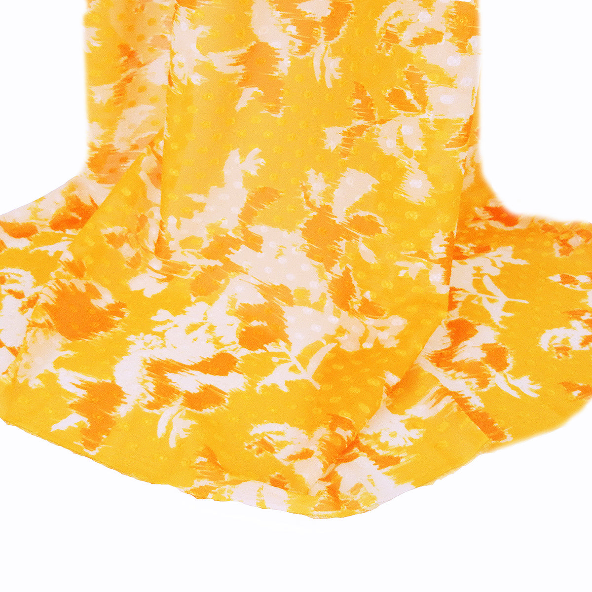 Premium 100% Rayon Challis Fabric. Printed clip dot watercolor in golden yellow, orange & soft cream. Semi-sheer with raised clip dots. shown draped