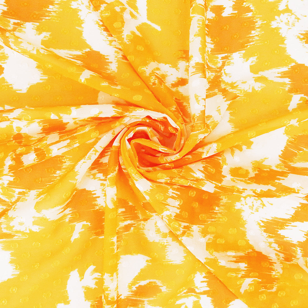 Premium 100% Rayon Challis Fabric. Printed clip dot watercolor in golden yellow, orange & soft cream. Semi-sheer with raised clip dots. shown swirled