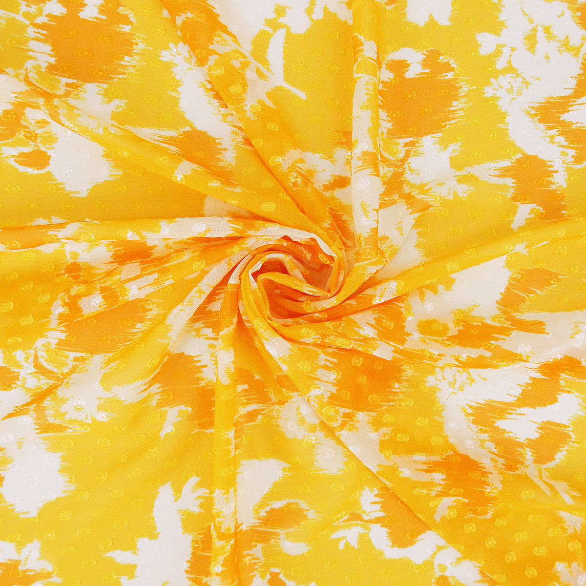 Premium 100% Rayon Challis Fabric. Printed clip dot watercolor in golden yellow, orange & soft cream. Semi-sheer with raised clip dots. shown swirled