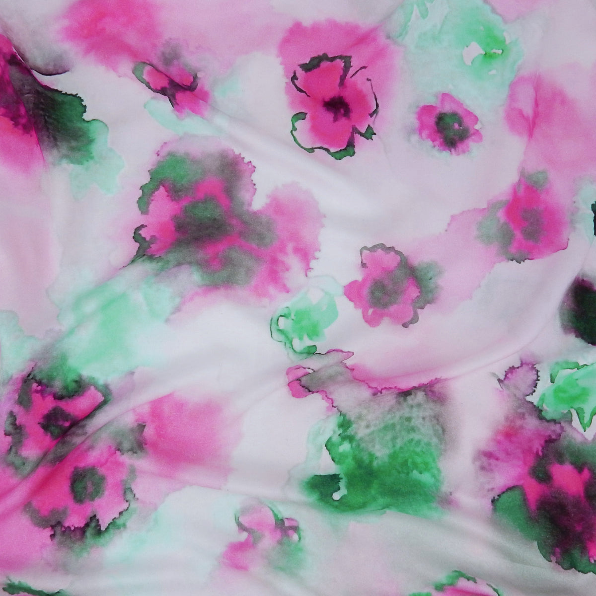 Premium 100% Rayon Challis Fabric. Watercolor floral Print in Fuchsia and Green. lightweight & ultra soft. shown lightly gathered