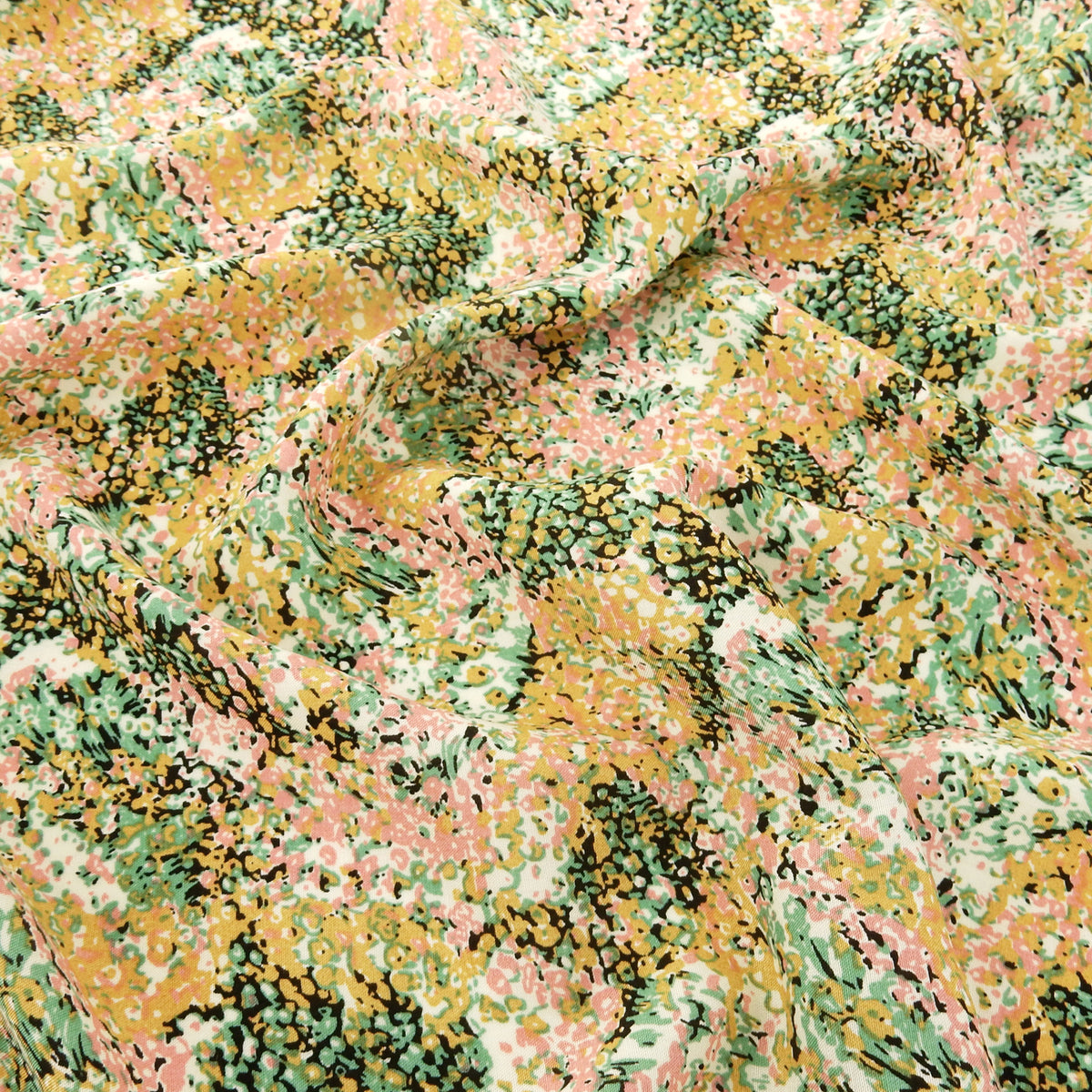 Premium 100% Rayon Challis Fabric. Calico Flower Print in Creamy Gold & Rose. lightweight & ultra soft. shown lightly gathered