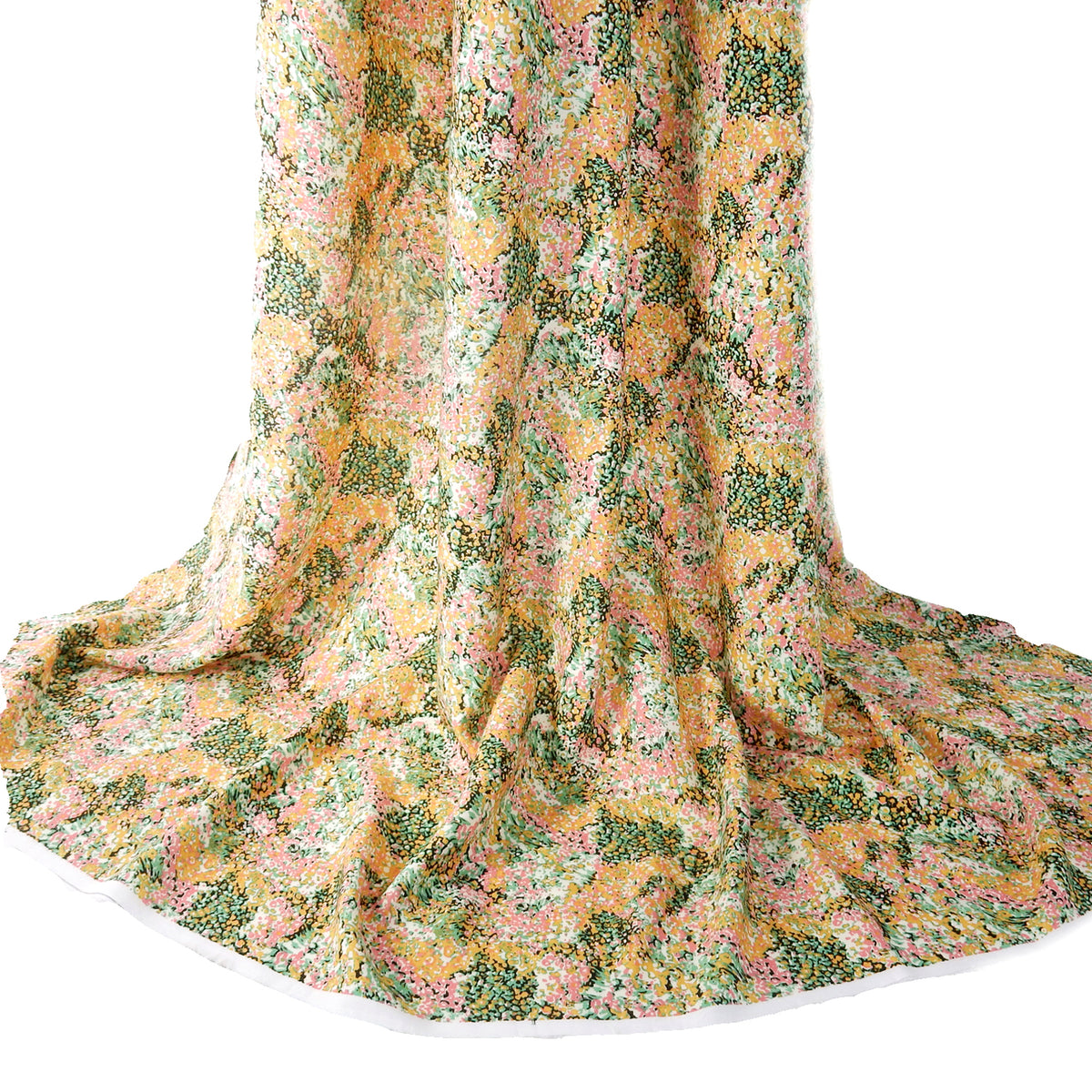 Premium 100% Rayon Challis Fabric. Calico Flower Print in Creamy Gold & Rose. lightweight & ultra soft. shown draped