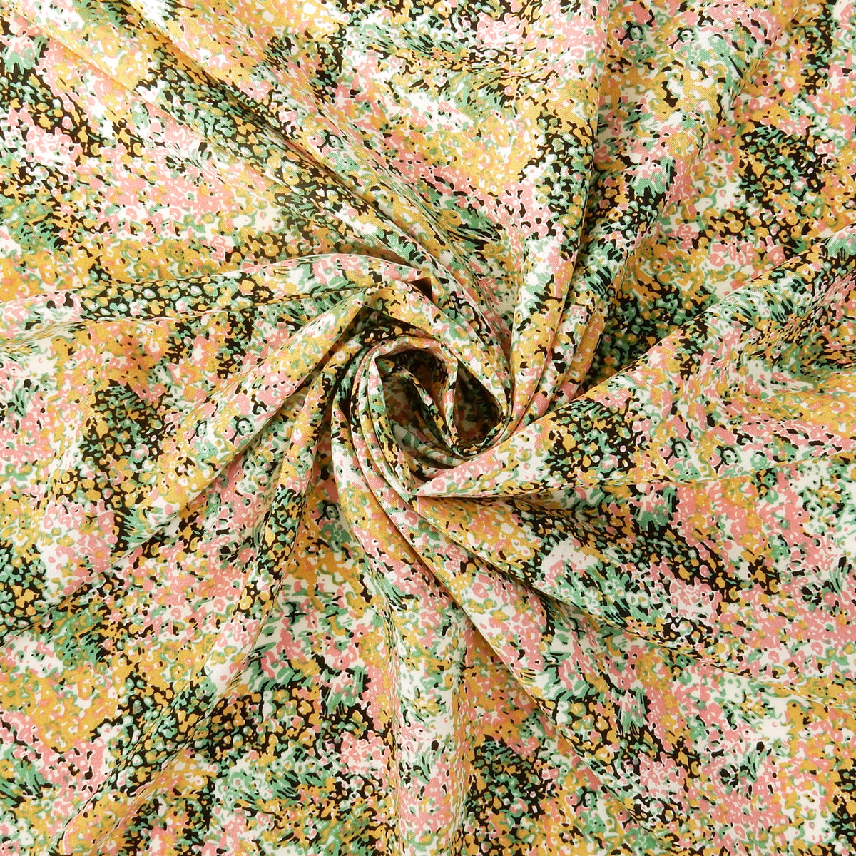 Premium 100% Rayon Challis Fabric. Calico Flower Print in Creamy Gold & Rose. lightweight & ultra soft. shown swirled