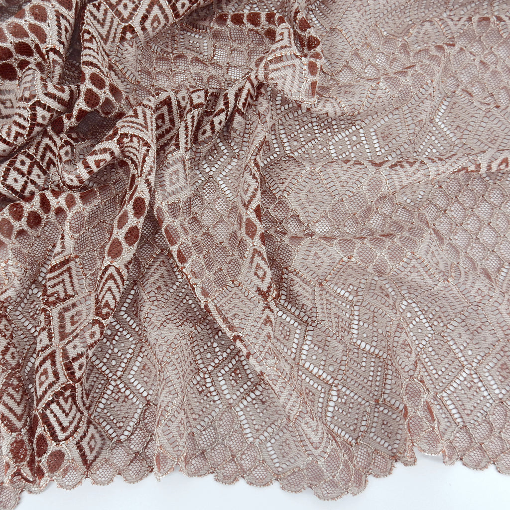 Double Scalloped Lace Fabric 4005 Maroon/Taupe