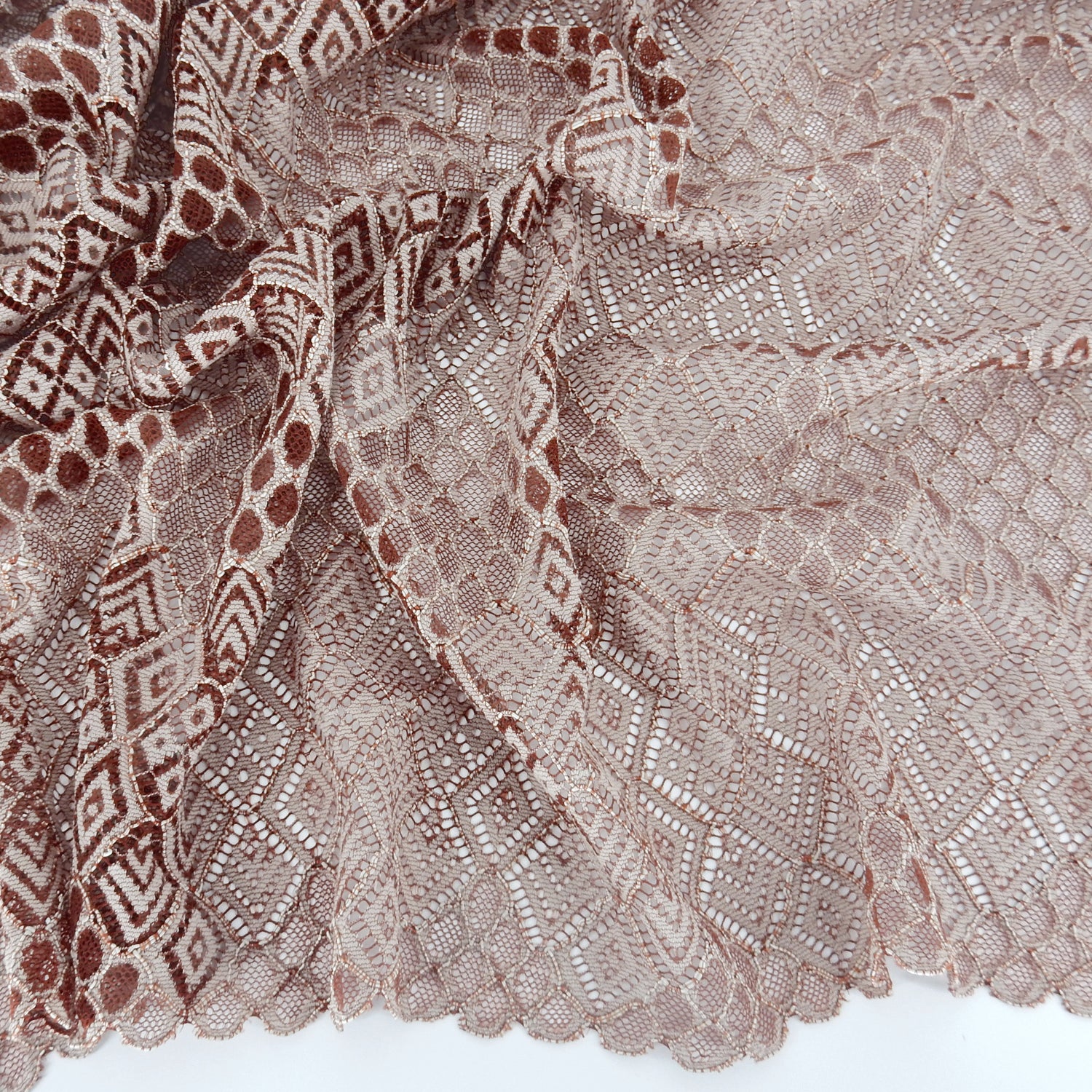 Double Scalloped Lace Fabric 4005 Maroon/Taupe