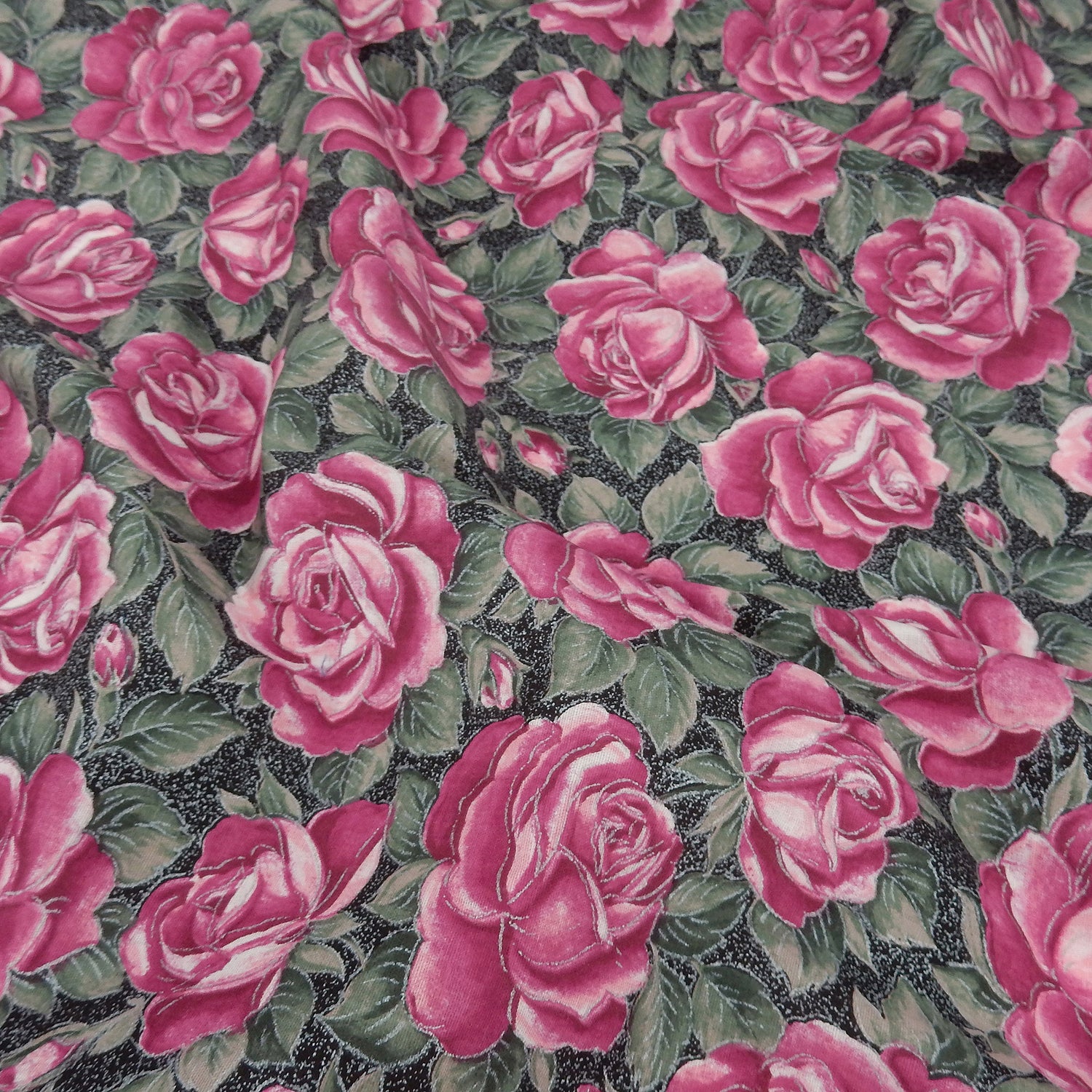 Cranston Print Works Fuchsia Rose Cotton Fabric - Silver Metallic Floral PB3-487