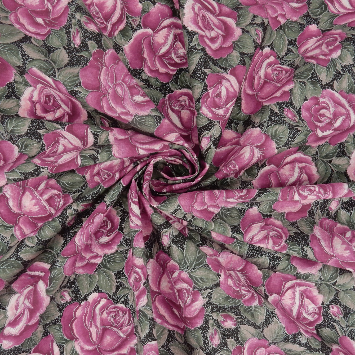 Cranston Print Works Fuchsia Rose Cotton Fabric - Silver Metallic Floral PB3-487