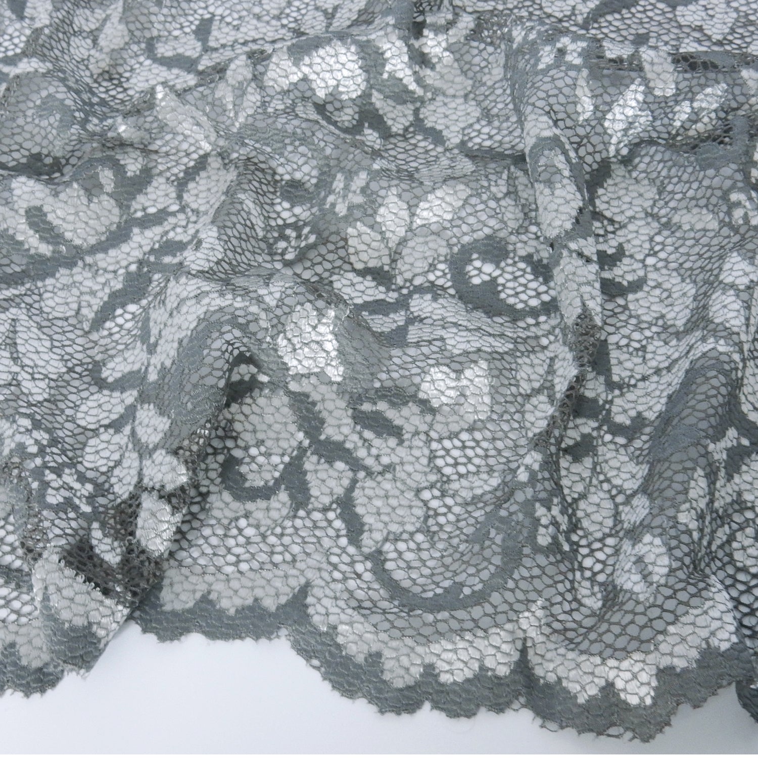 Embroidered Double Sided Border Stretch Klauber Lace Fabric 7638 Grey/Silver