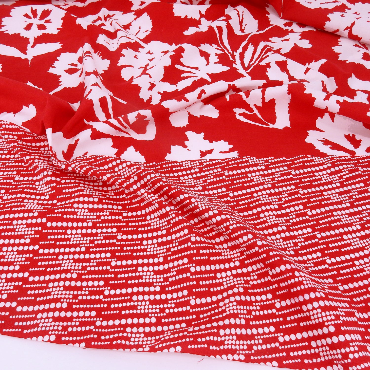 Luxury German Cotton-Silk Fabric - Red & White Floral Dot Border AJR6-616