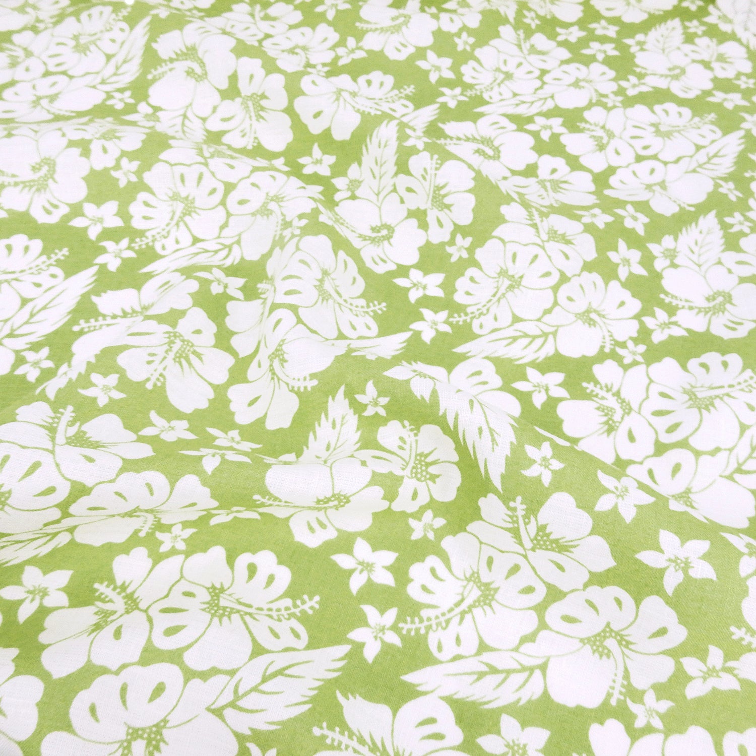 Premium 100% European Linen fabric. white Floral on olive background.  dress weight. shown lightly gathered