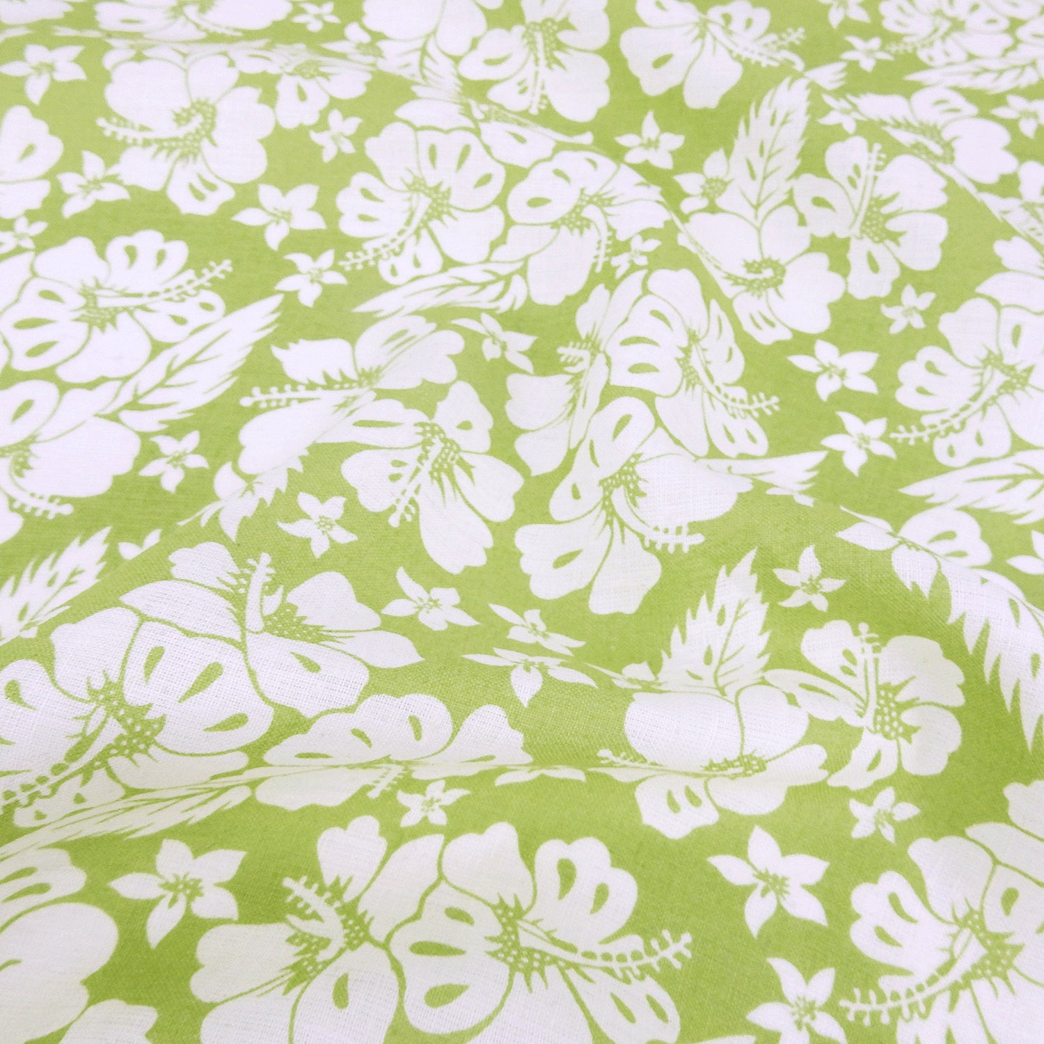 Premium 100% European Linen fabric. white Floral on olive background.  dress weight. shown lightly gathered