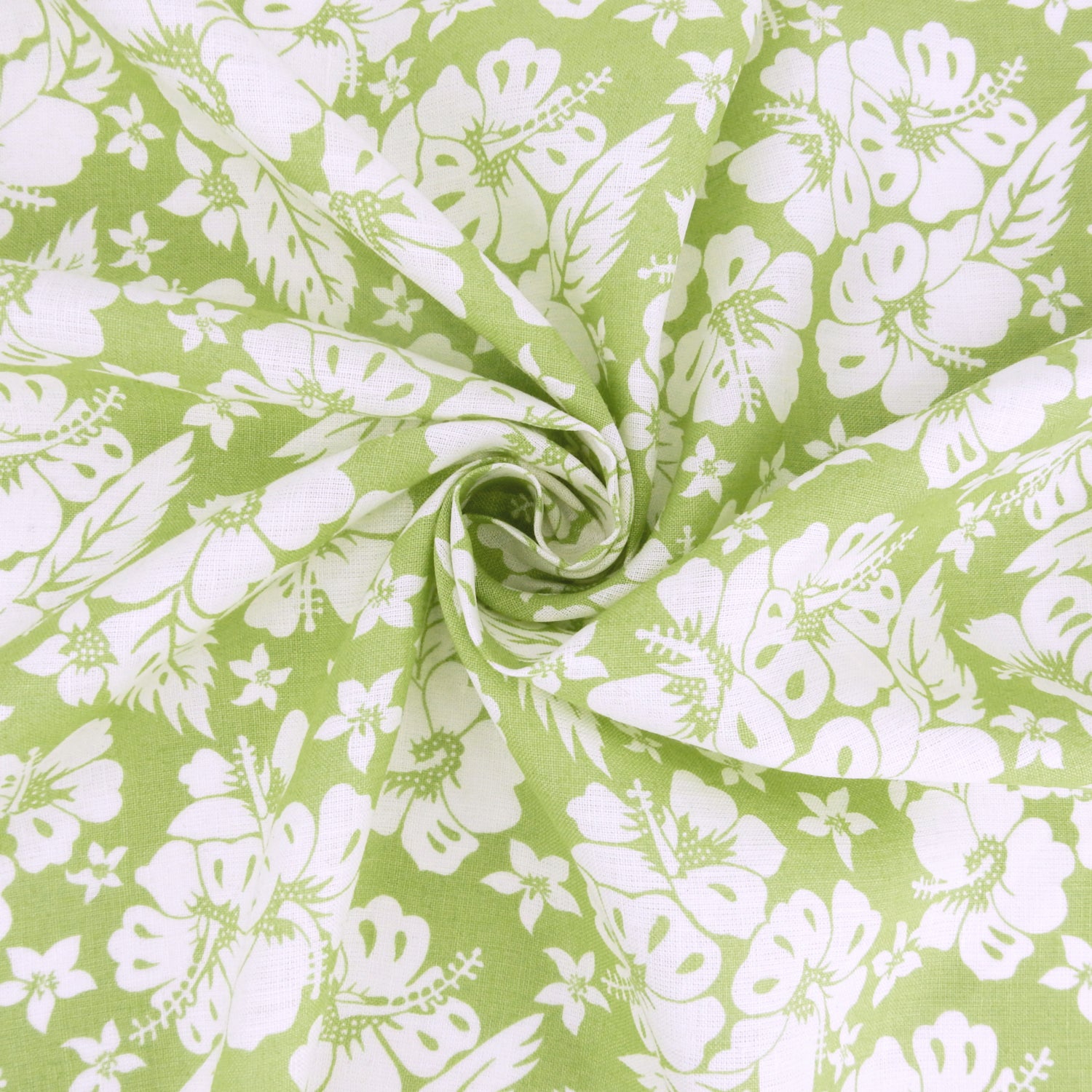 Premium 100% European Linen fabric. white Floral on olive background.  dress weight. shown swirled