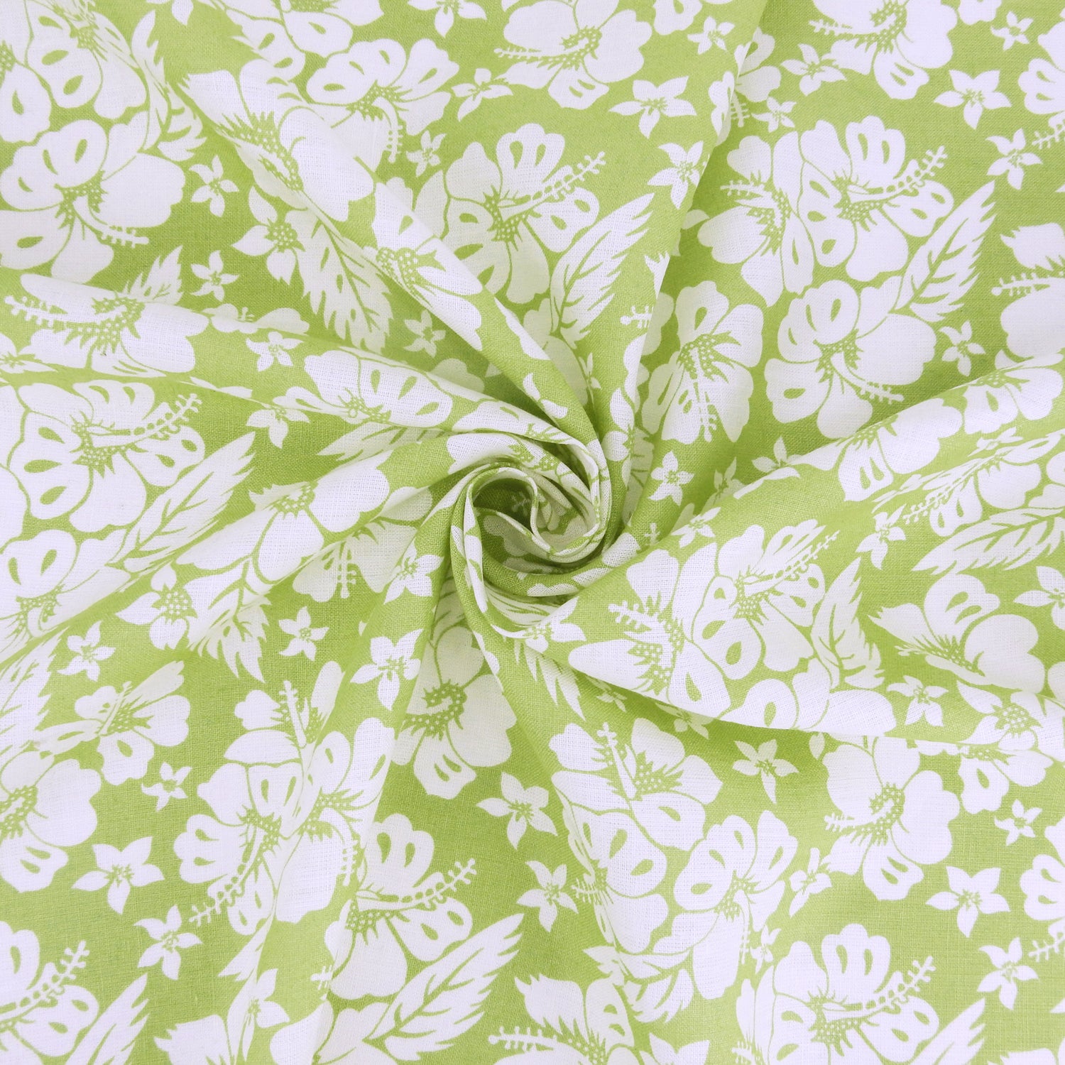 Premium 100% European Linen fabric. white Floral on olive background.  dress weight. shown swirled