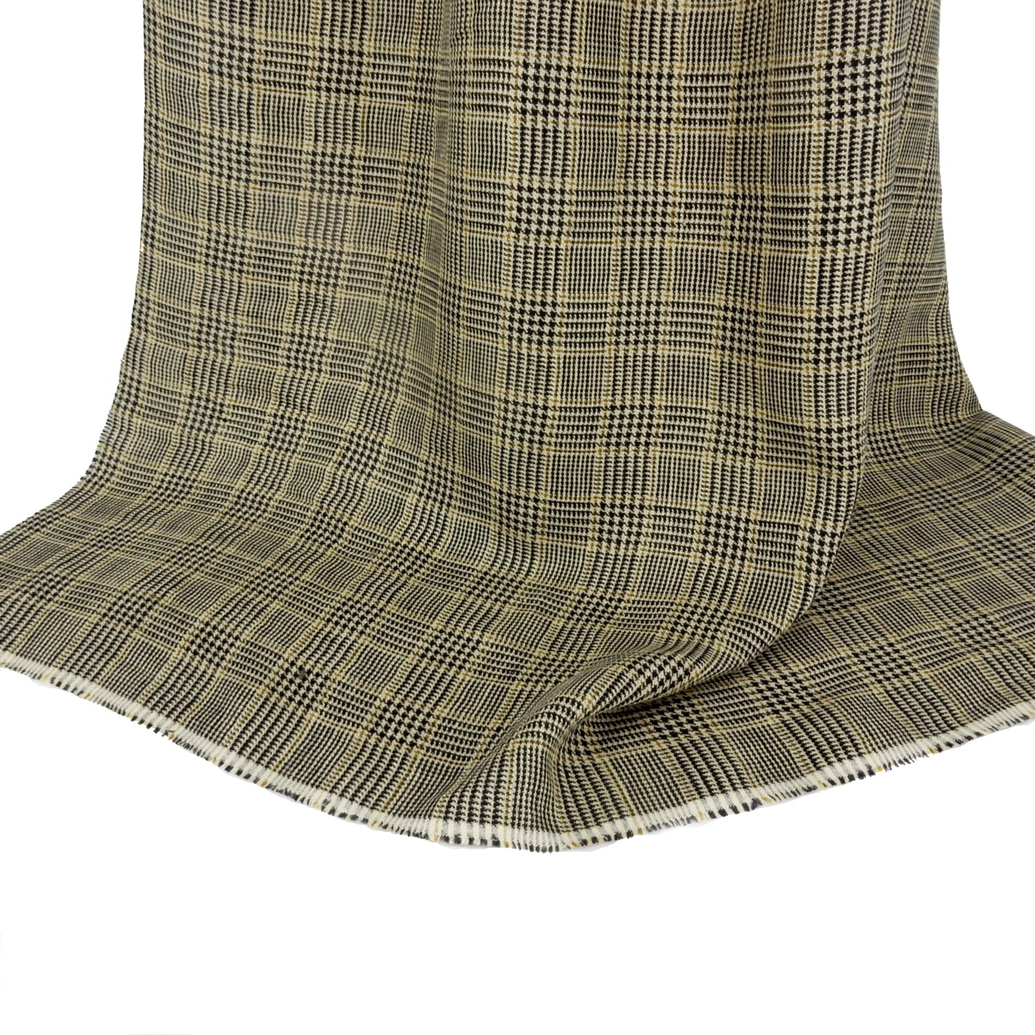 Premium 100% European Linen fabric. Yarn-Dyed Plaid in beige tones. medium weight for apparel & home interior. shown draped