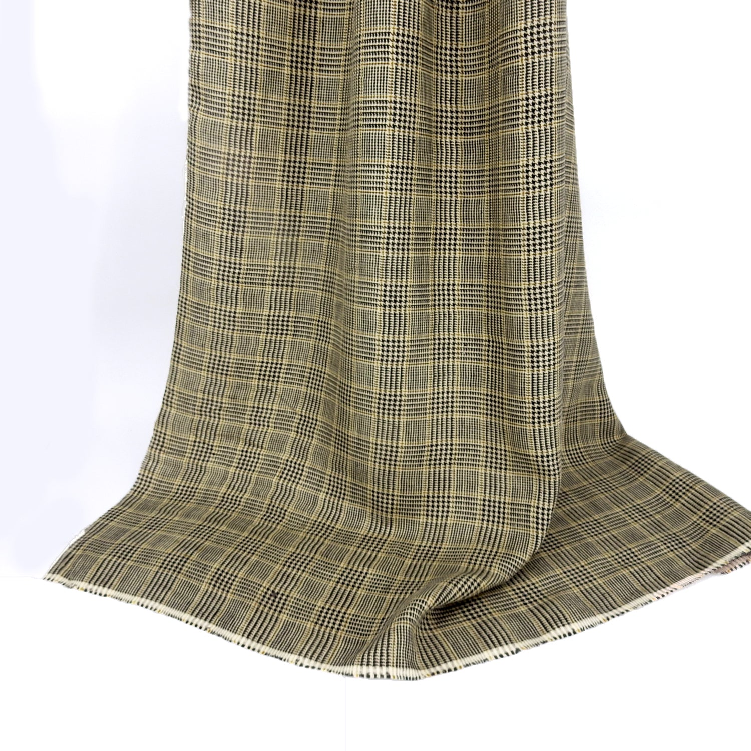 Premium 100% European Linen fabric. Yarn-Dyed Plaid in beige tones. medium weight for apparel & home interior. shown draped
