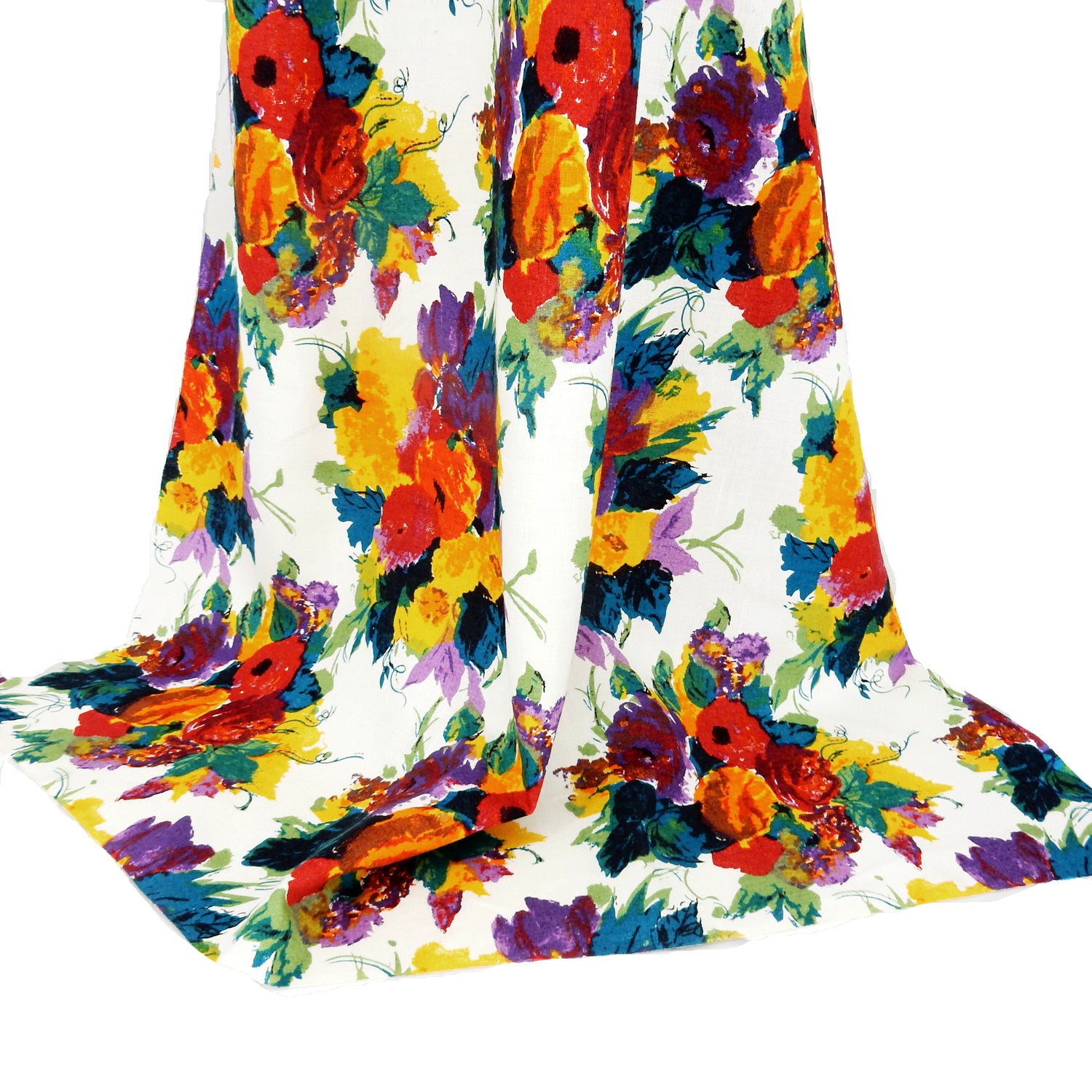 Premium 100% European Linen  fabric. Bright Floral Print on white. medium weight for apparel & home interior. shown draped 