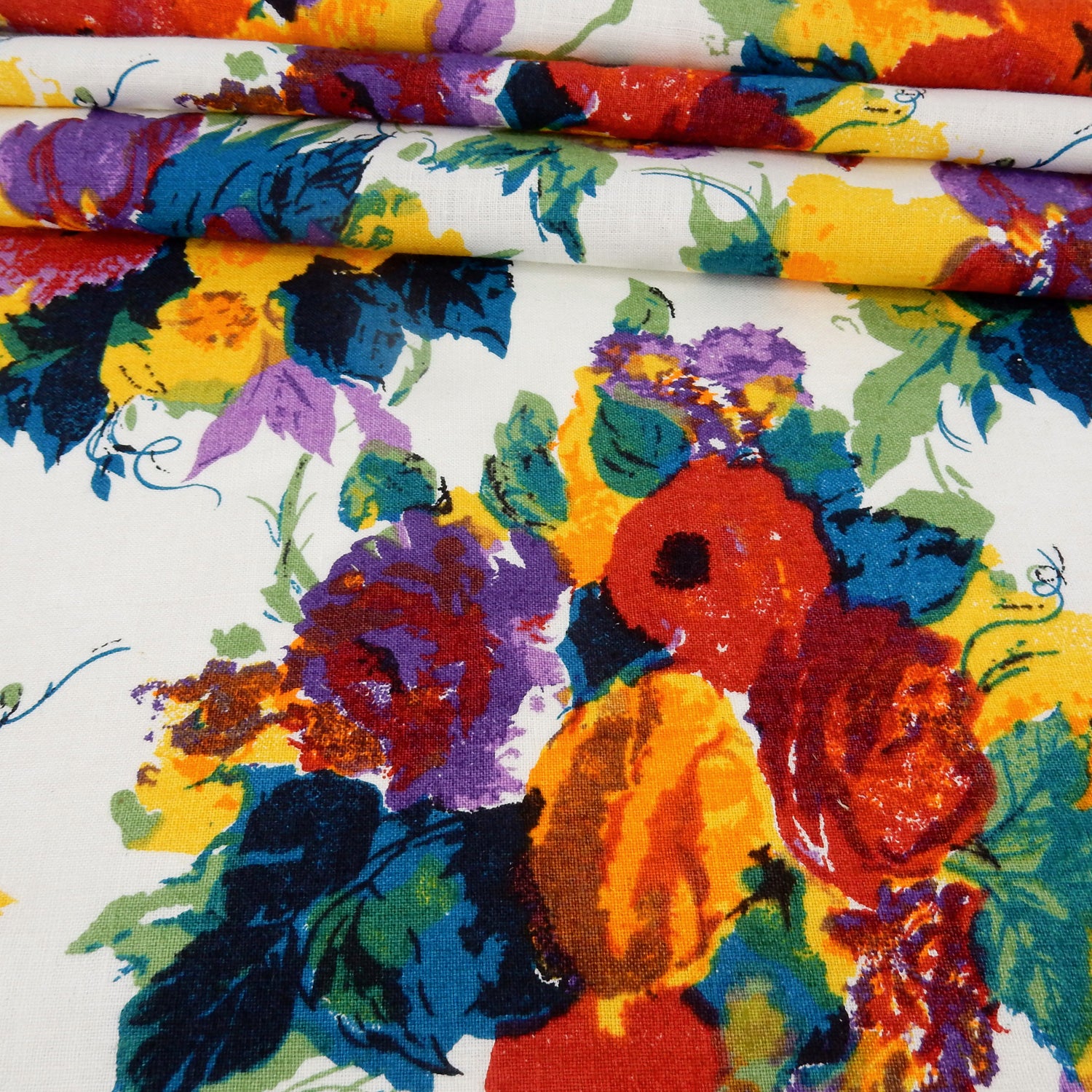Premium 100% European Linen  fabric. Bright Floral Print on white. medium weight for apparel & home interior. shown pleated