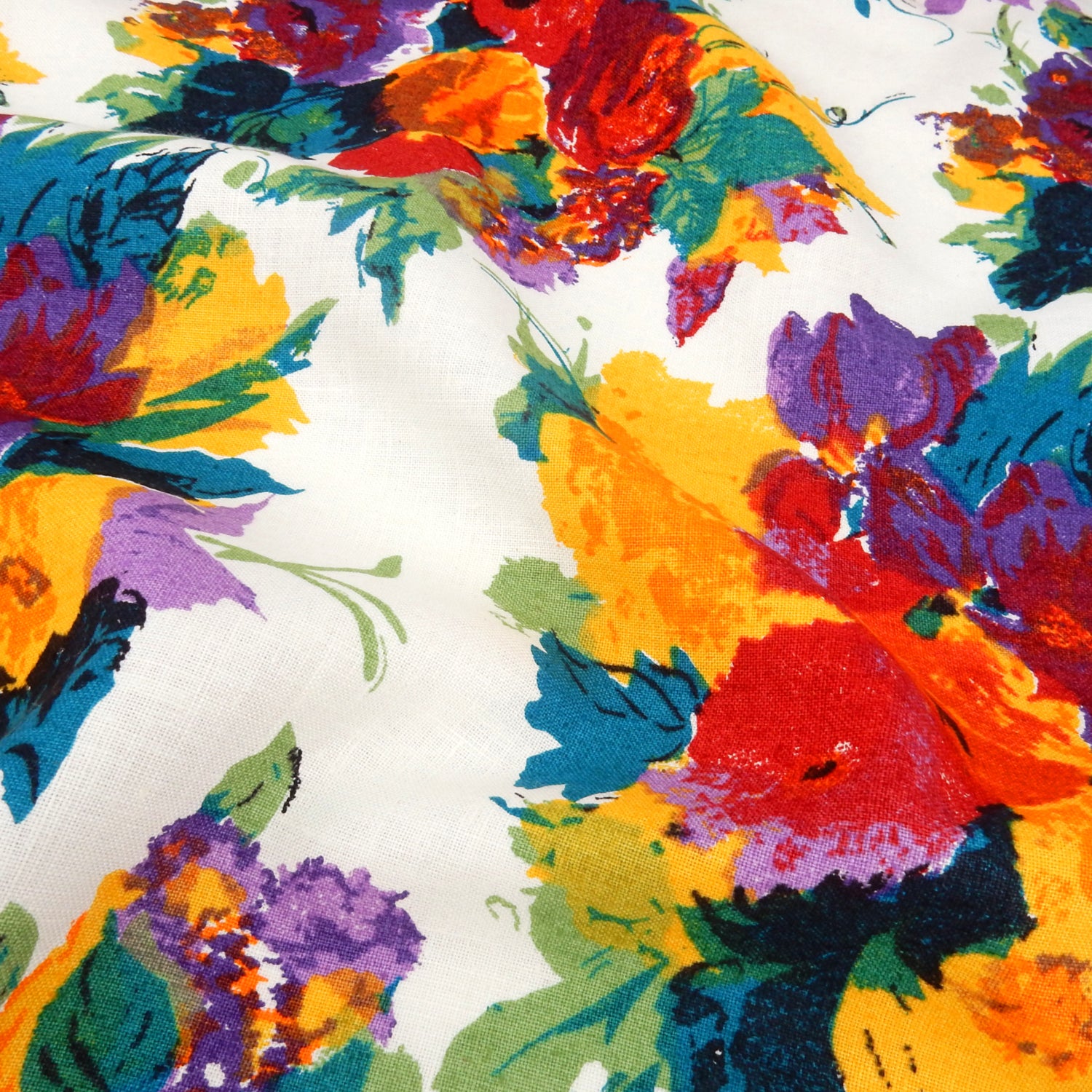 Premium 100% European Linen  fabric. Bright Floral Print on white. medium weight for apparel & home interior. shown lightly gathered