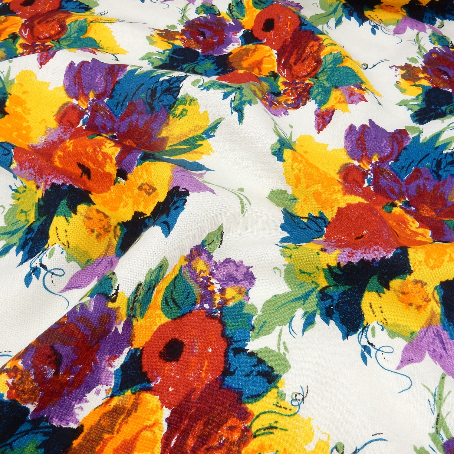 Premium 100% European Linen  fabric. Bright Floral Print on white. medium weight for apparel & home interior. shown lightly gathered
