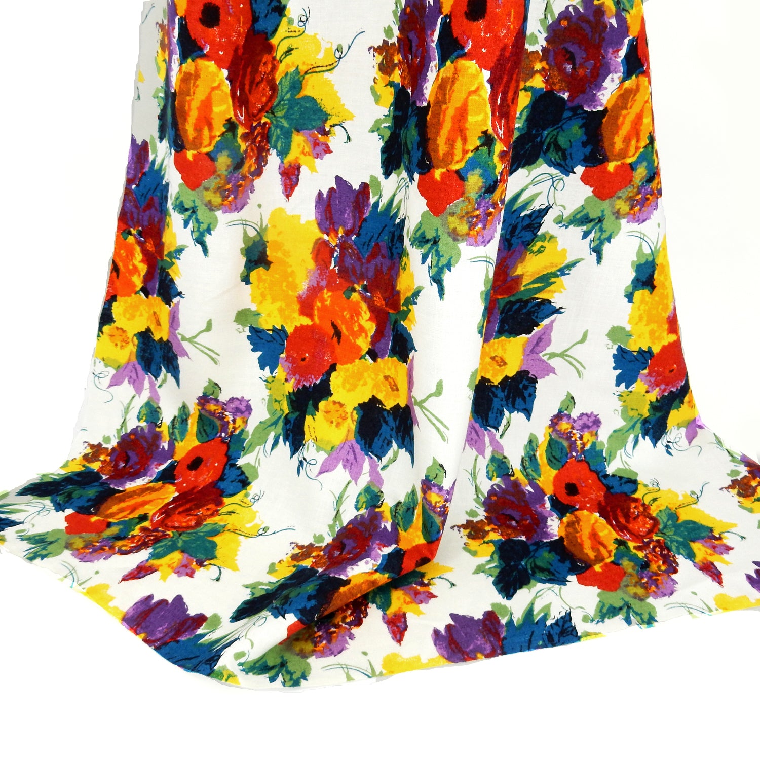Premium 100% European Linen  fabric. Bright Floral Print on white. medium weight for apparel & home interior. shown draped 