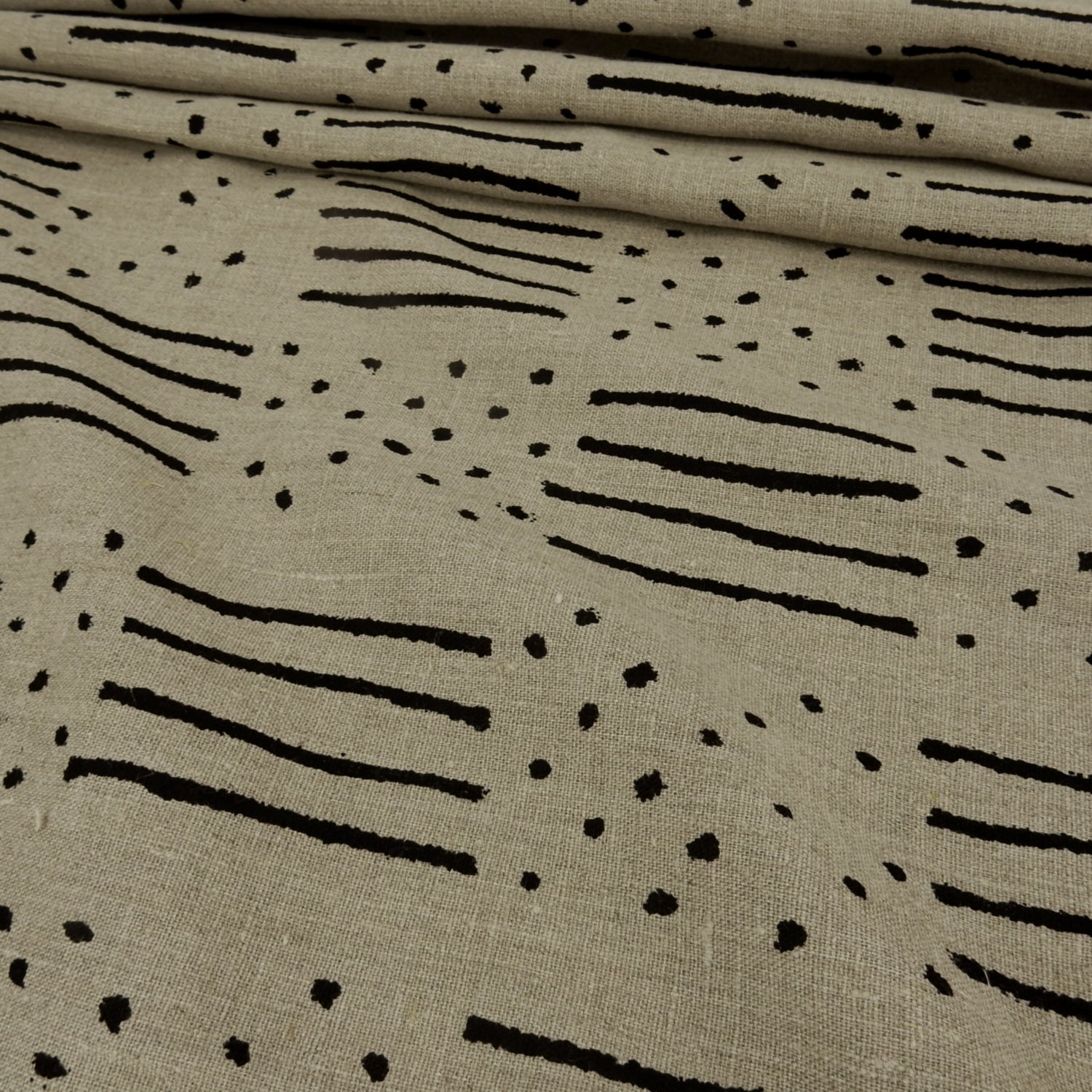 Premium 100% European Linen fabric. African-Inspired natural & black line/dot design. medium weight for apparel & home interior. shown pleated