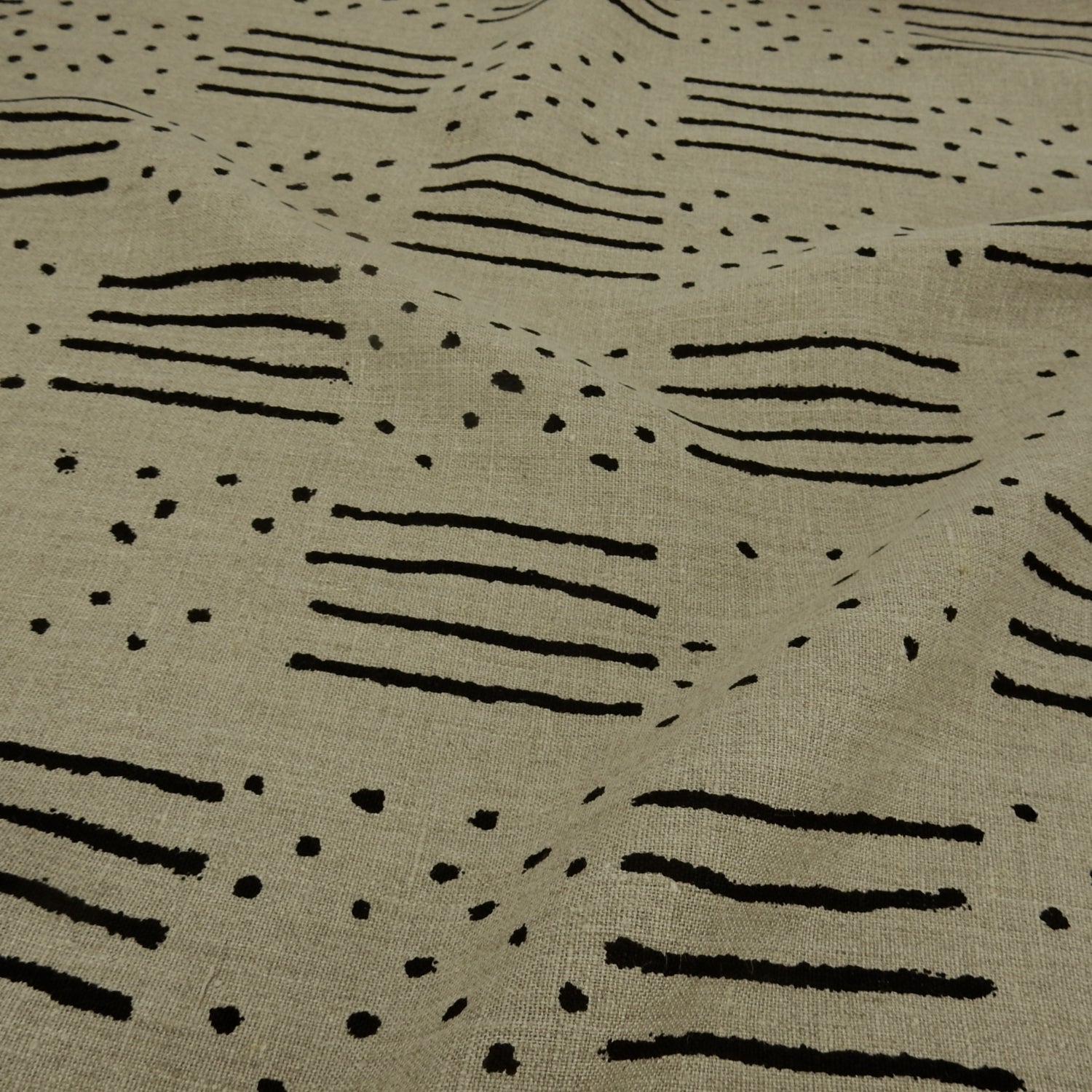 Premium 100% European Linen fabric. African-Inspired natural & black line/dot design. medium weight for apparel & home interior. shown lightly gathered