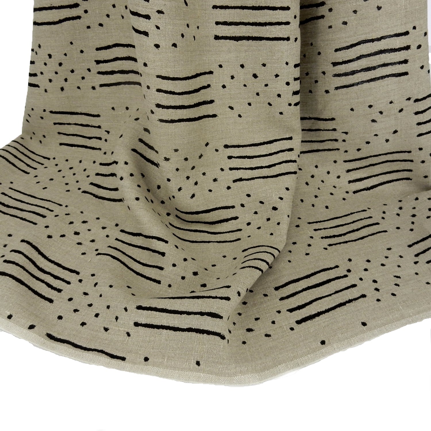 Premium 100% European Linen fabric. African-Inspired natural & black line/dot design. medium weight for apparel & home interior. shown draped