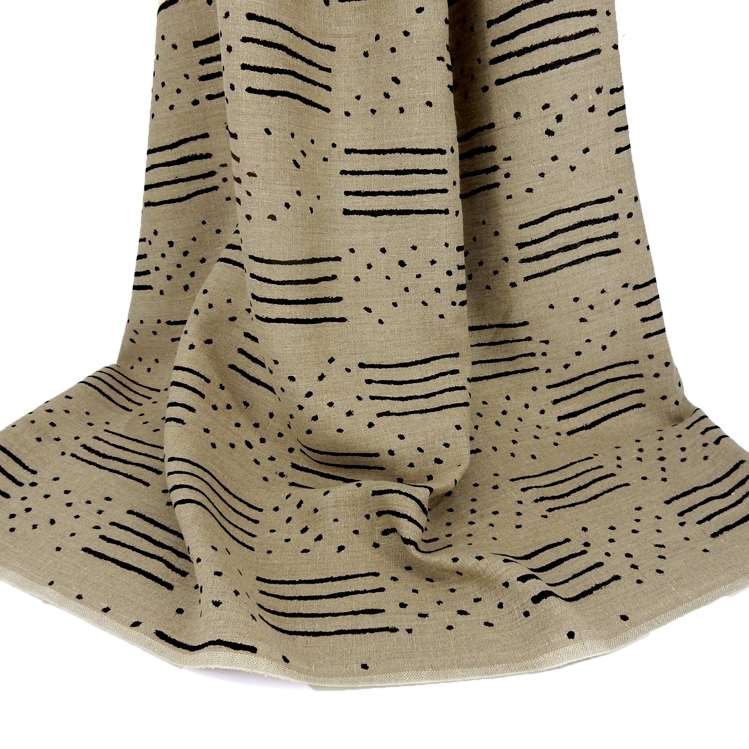 Premium 100% European Linen fabric. African-Inspired natural & black line/dot design. medium weight for apparel & home interior. shown draped
