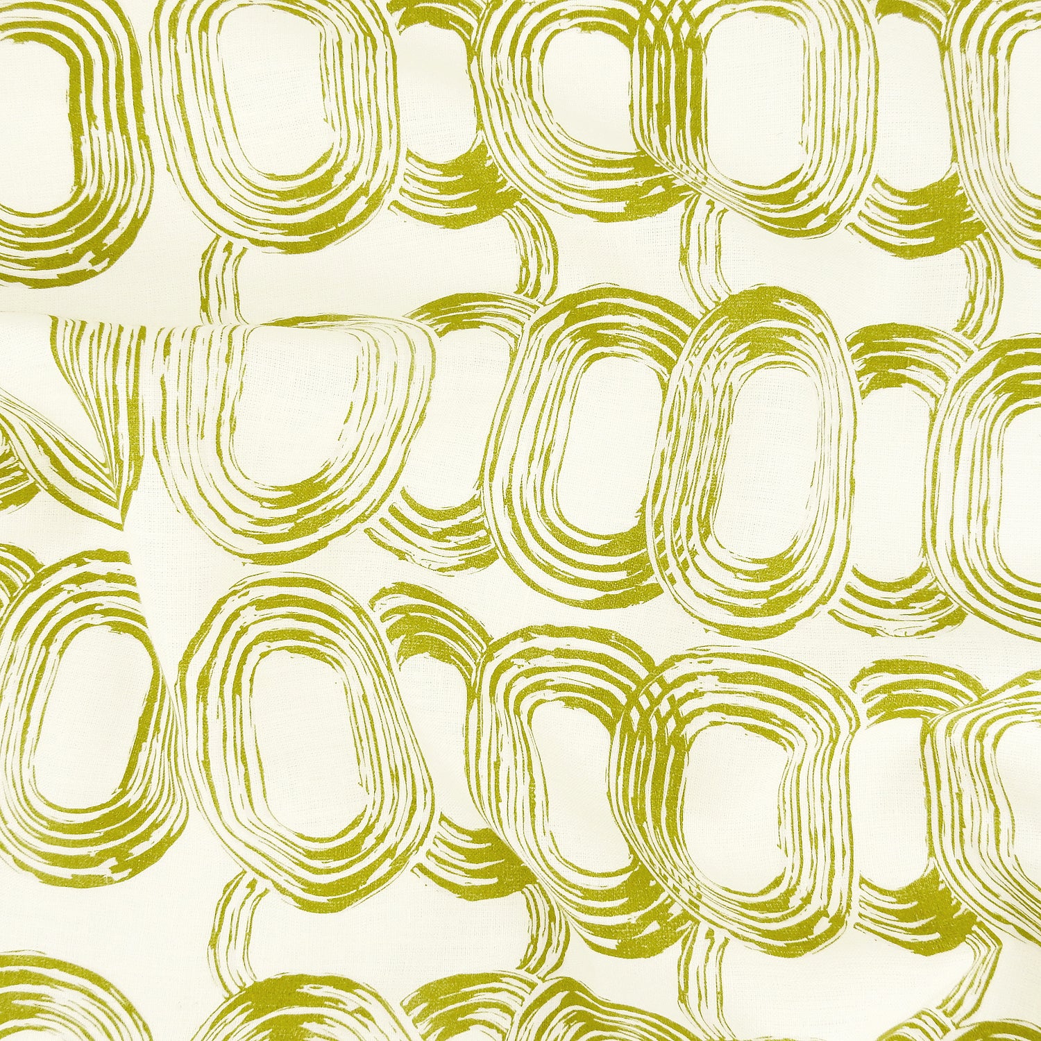 Premium 100% European Linen fabric. Elliptical Geometric gold design. medium weight for home interior & upholstery. shown lightly gathered
