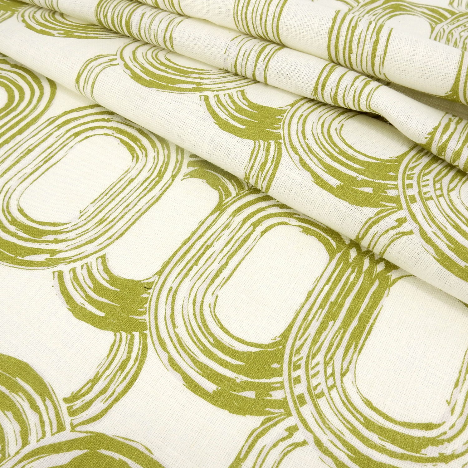 Premium 100% European Linen fabric. Elliptical Geometric gold design. medium weight for home interior & upholstery. shown pleated