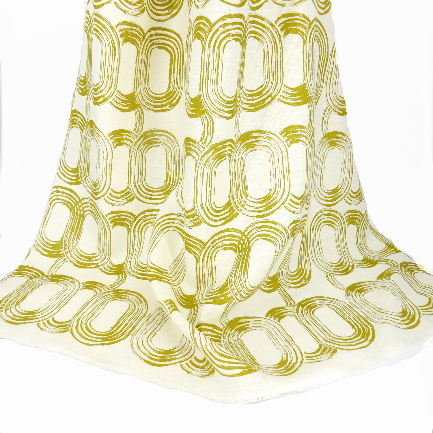 Premium 100% European Linen fabric. Elliptical Geometric gold design. medium weight for home interior & upholstery. shown draped