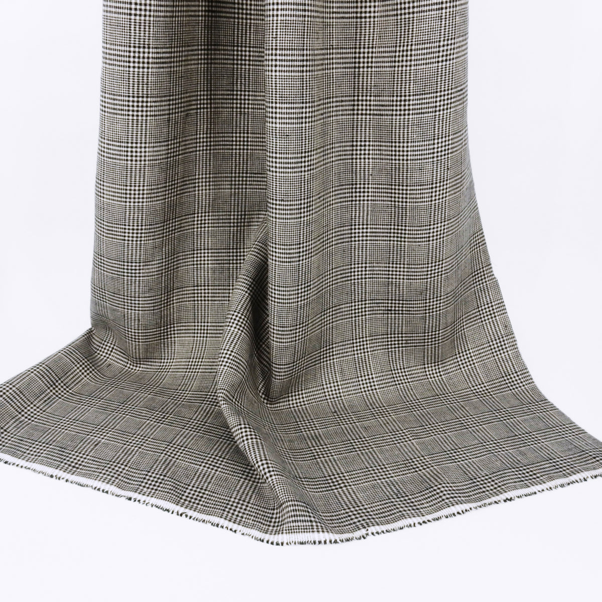 Premium 100% European Linen Yarn Dyed Plaid Fabric. Black & Gray. mid-weight apparel & high end home decor. shown draped